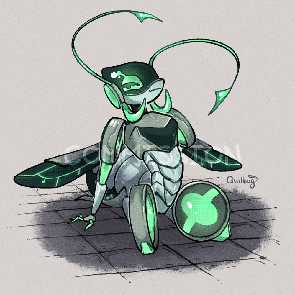 A photo of Derevi the robot bug kneeling and leaning back with a sultry type confident expression. Derevi is mostly a shiny metal with some black areas for their front chest plate, head screen, wings and under their abdomen. There are glowing bright teal accents for their eyes, antenna, and more around their body. Their forelimbs are circular with glowing deal accents in the middle. The limbs then extend into bright teal and shiny metal. Their wings are spread behind them and their antenna curl forward.
