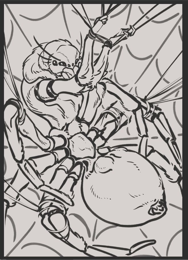 Rough sketch of an anthropomorphic wolf spider bound up in webs. She has a spider-taur design, with a spider lower half that extends into a humanoid chest and and head. She looks very fluffy, and her six eyes peer seductively over her bound arms to the viewer. 