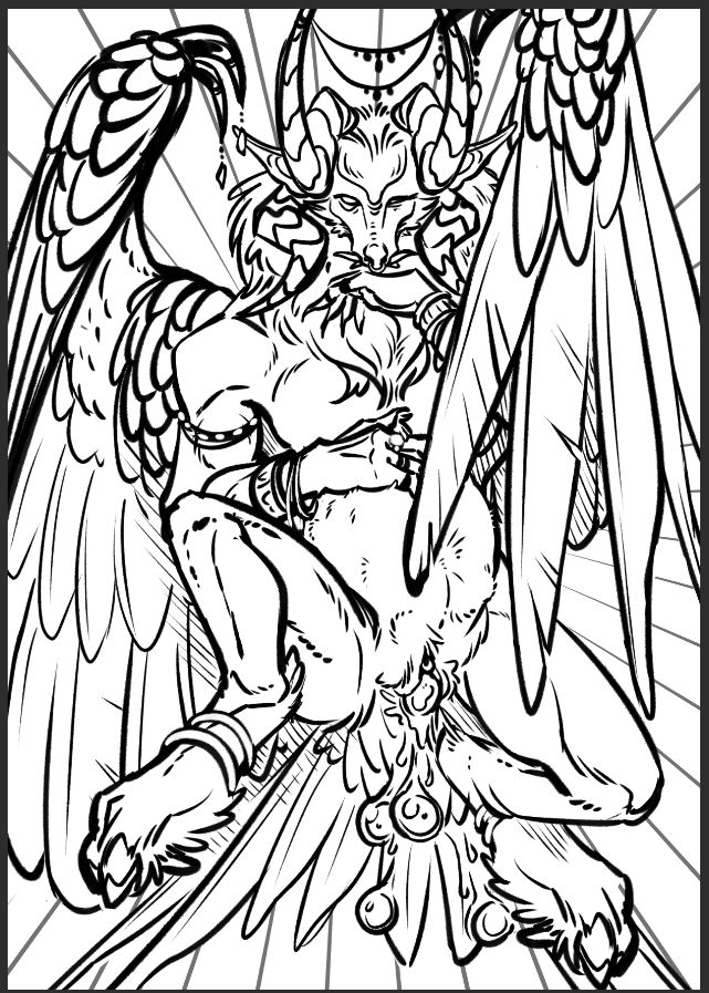 A sketch of a demoness laying on her back and spreading her legs as round insect eggs spill out of her pussy. She has an anthro canine form with cloven hooves, large feathered wings, a thick mane, and two pairs of curling horns. Every limb, finger and horn is covered in jewelry