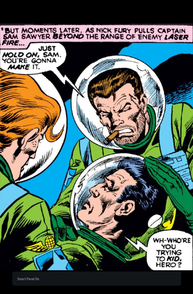 Nick Fury enjoys a smoke in his space suit as his friend dies.