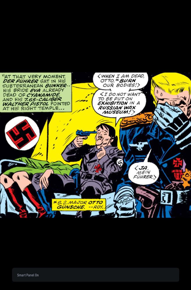 Hitler prepares to kill himself, asking his henchman Otto to burn his body and Eva Braun, who is already dead beside him. Hitler holds a revolver to his head.