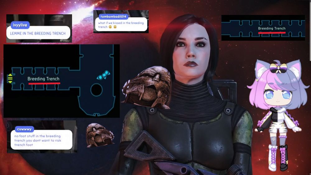 thumbnail featuring commander shepard from mass effect and images that read "breeding trench" along with various comments about breeding trenches