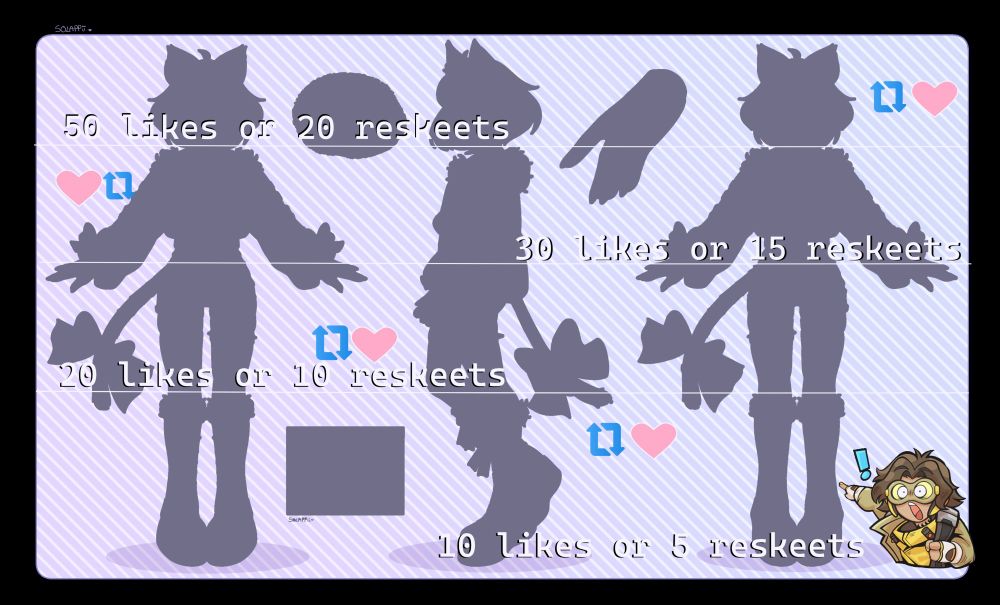silhouette'd reference sheet of a vtuber design. First level is 10 likes or 5 reposts, second is 20 likes or 10 reposts, third is 30 or 15, and final is 50 or 20 
