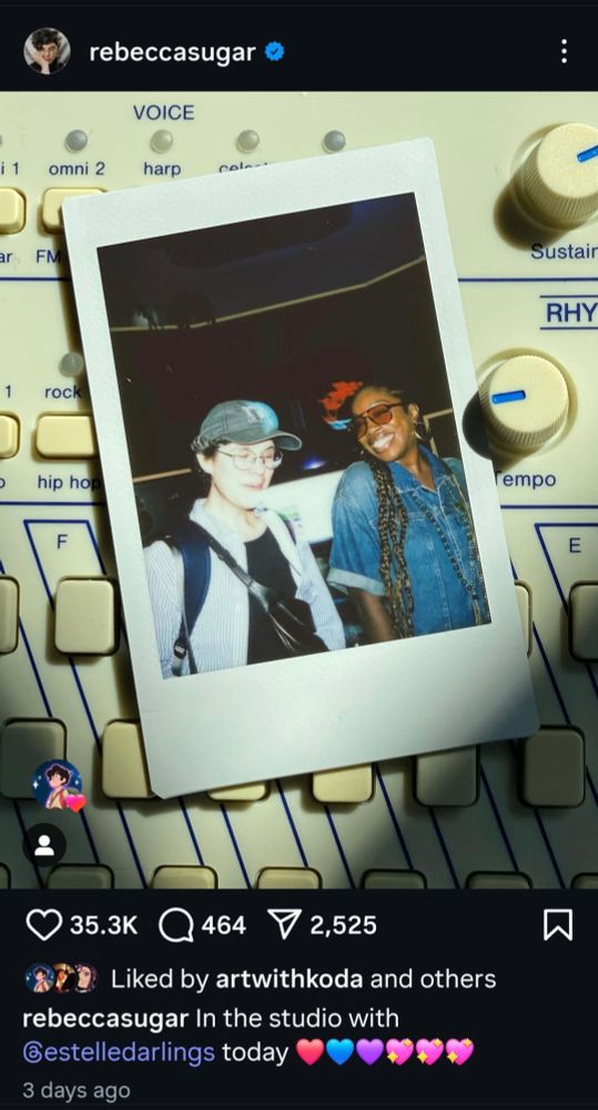 Ss of an instagram post from Rebecca Sugar featuring a polaroid photo and the caption "in the studio with @estelledarlings today" 