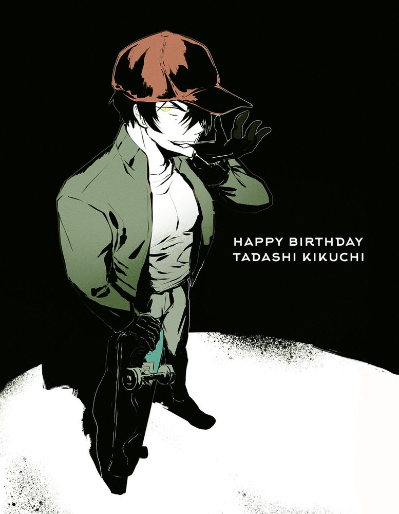 Happy birthday Tadashi Kikuchi Tadashi, as Snake in his signature red hat and green bomber jacket, stands under a bright spotlight with a grin while pulling a glove on with his teeth. He is holding his skateboard upright with his right hand.