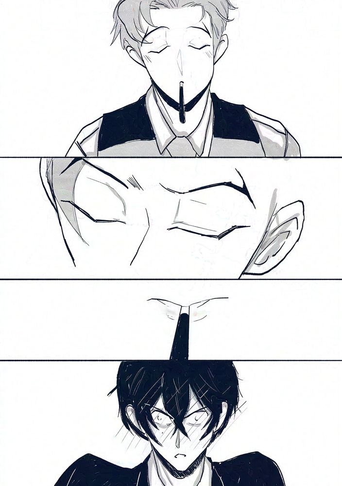 Ainosuke has his eyes closed as the stick of Pocky hangs out of his mouth. Tadashi looks at him, and sees Ainosuke's eyes and lips up close, and then he blushes really hard.