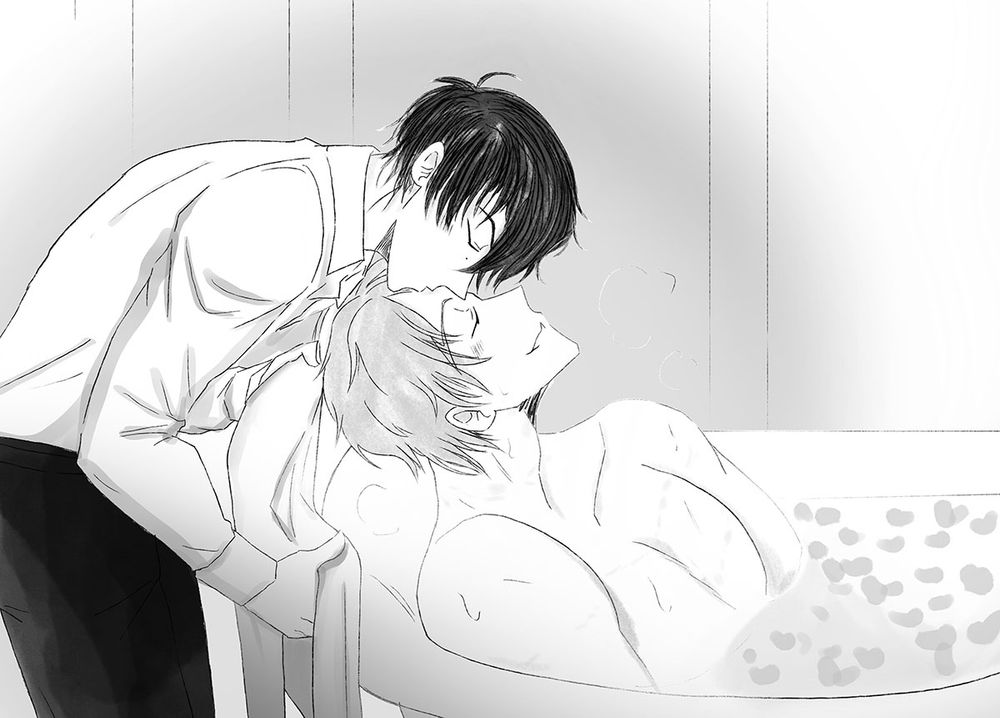 Tadashi holds a towel in his hands as he gently kisses Ainosuke on the forehead. Ainosuke is lounging in a hot bath with a smile.