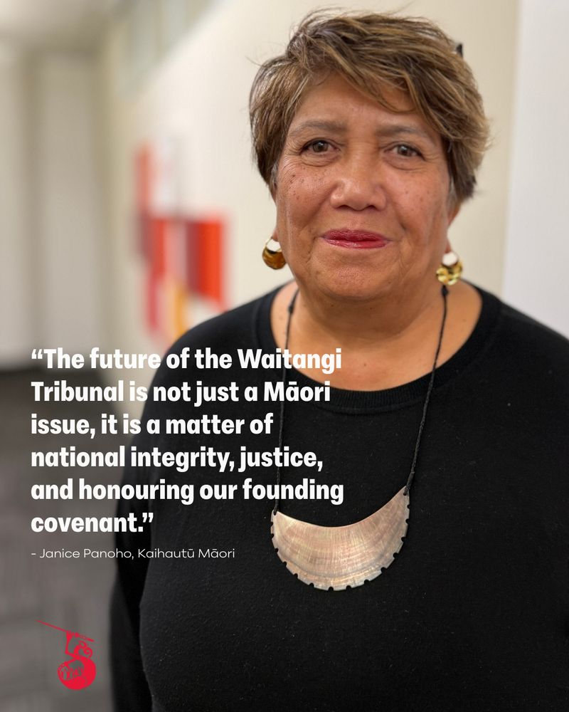 The image is a photo of PSA Kaihautū Māori Janice Panoho looking straight at the camera.  There is a quote to the left of her that says "The future of the Waitangi Tribunal is not just a Māori issue, it is a matter of national integrity, justice, and honouring our founding covenant." The Maniaia logo is bottom left of the image.