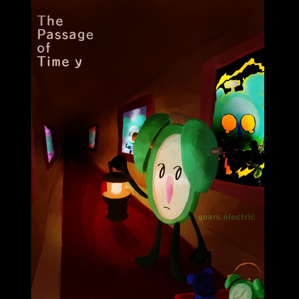 An alarm clock, Timey, holds a lantern in a long, dark hallway, which leads into darkness. The hallway’s floor has a long red rug. In Timey’s other hand, they hold the handle to a wagon, which has beeps stuffed bear, and an alarm clock quite similar to them. On the walls of the hallway there are pictures, all which seem to have Timey on them. The one closest to us seems to show them being shocked with electricity. The second closest, beep is adjusting a bowtie. The rest of the pictures are too far to make out. 