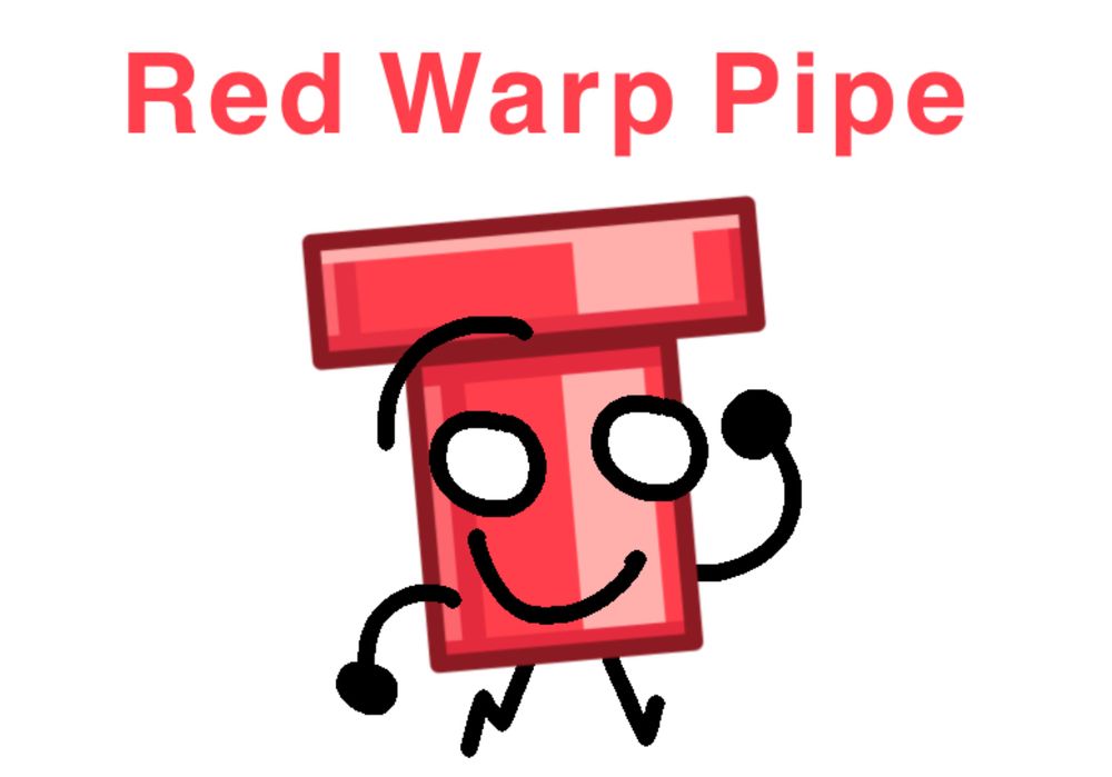 A red mario pipe with limbs, mouth, and white circles for eyes. There is red text above him saying “Red Warp Pipe”