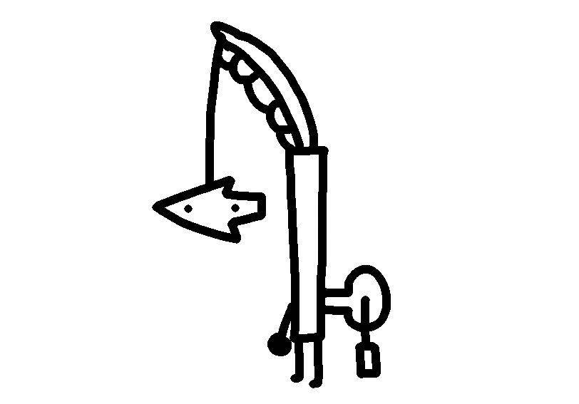 A fishing rod with legs, an arm, and a cursor with eyes as bait. 
