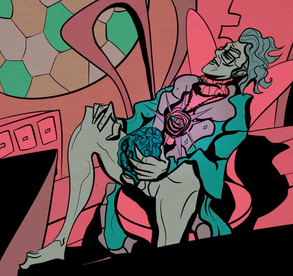 it's Otto mentallis from psychonauts in his lab, sat down and fucking one of his brains. His pendant glows, indicating he is using or drawing some psychic power from this action. 