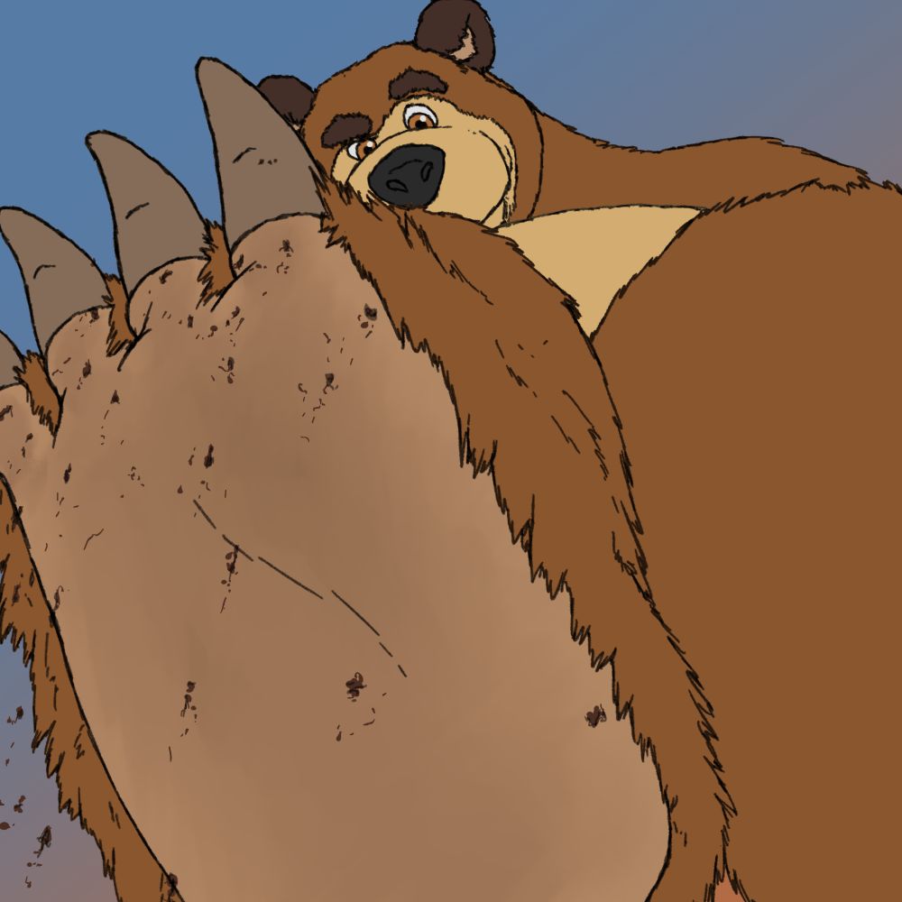 Mishka, the bear from Masha and the bear, looming over the viewer with his footpaw in the air, dirt falling down from it