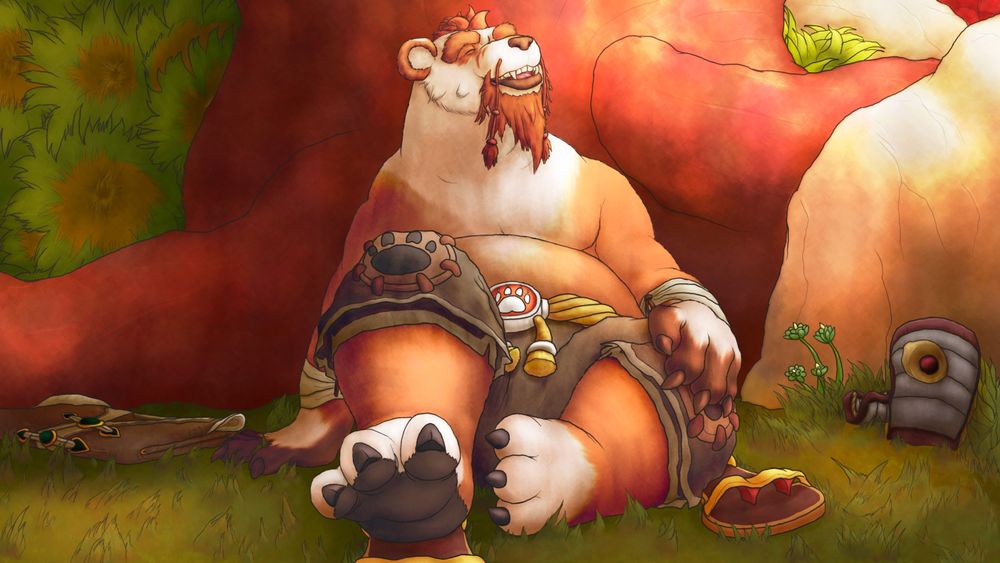 An orange and white pandaren sitting against a tree. Some of his clothing is strewn around. The fully padded bottom of his footpaw is shown.