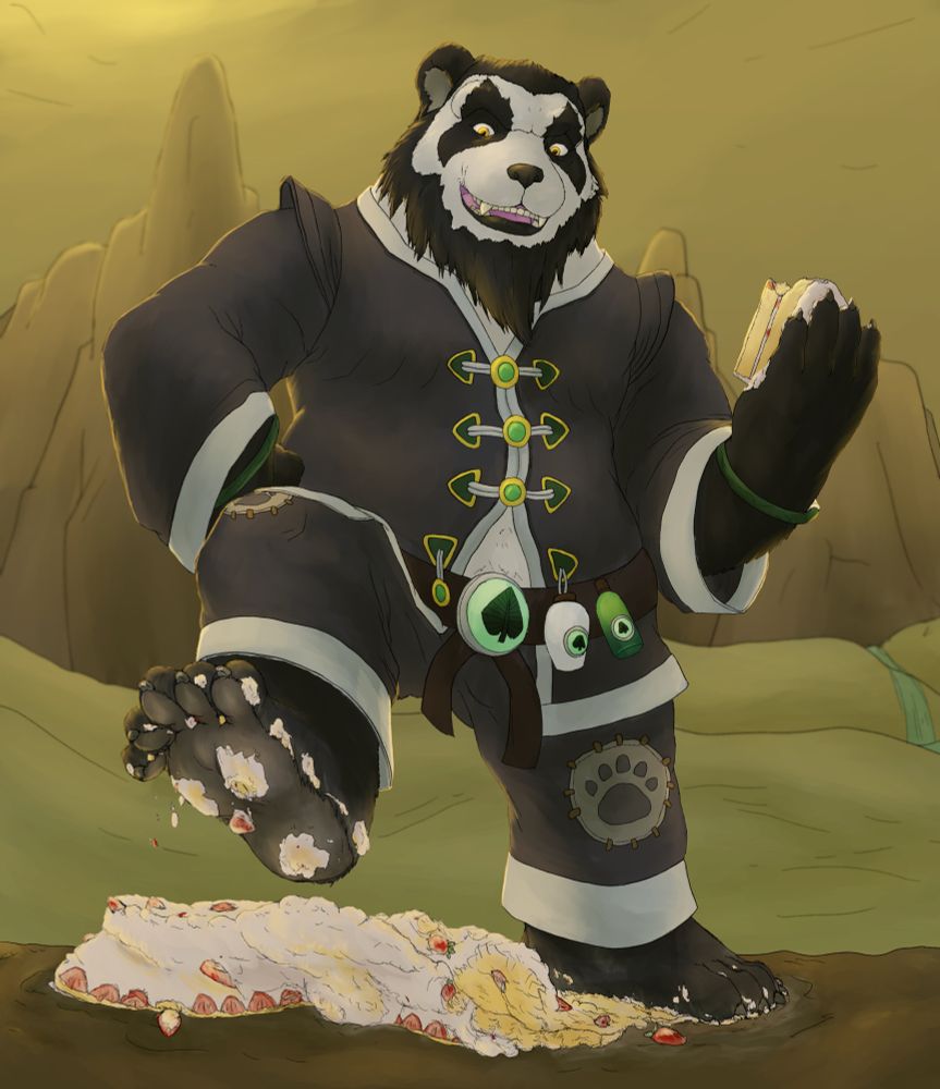 Chen Stormstout trampling some strawberries cake, his right foot being help upwards with cake pieces all over it, while he's holding a bitten-on piece of cake in his hand.