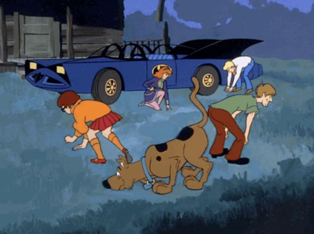 scooby doo and his friends are gathered around a blue sports car