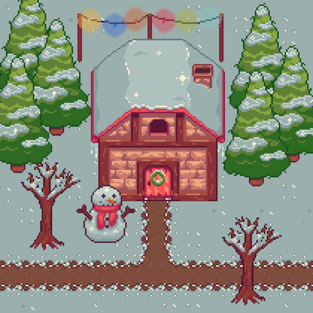 pixel art winter house in the forest