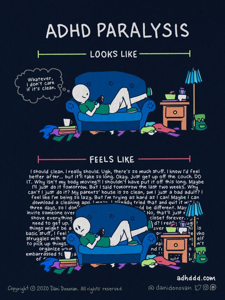 A two-panel comic titled “ADHD Paralysis.” 

The top panel, labeled “Looks Like,” shows a simple white character lying sideways on a blue couch, staring at their phone with a neutral expression. The room is messy, with clothes, books, mugs, and a backpack scattered around. A thought bubble says, “Whatever, I don’t care if it’s clean.”

The bottom panel, labeled “Feels Like,” shows the same image, but the background is overlaid with a large block of cluttered, anxious inner monologue text about wanting to clean but feeling overwhelmed, guilty, and stuck. The text reflects racing thoughts, procrastination, and self-criticism.