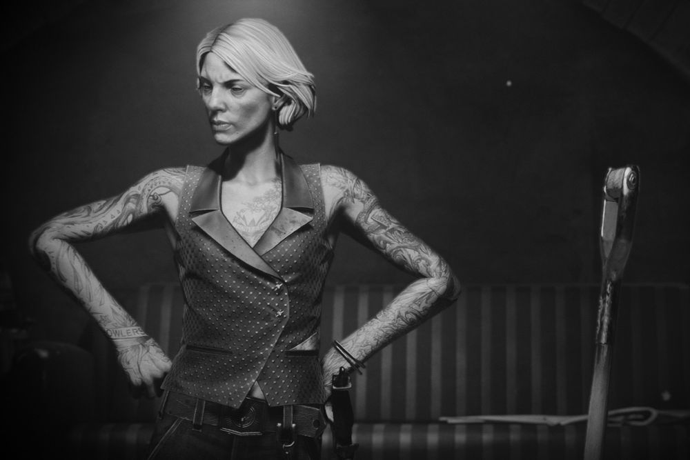 Screenshot from Dishonored 2: a woman is making a pose with her hands on her hips, she is looking to left