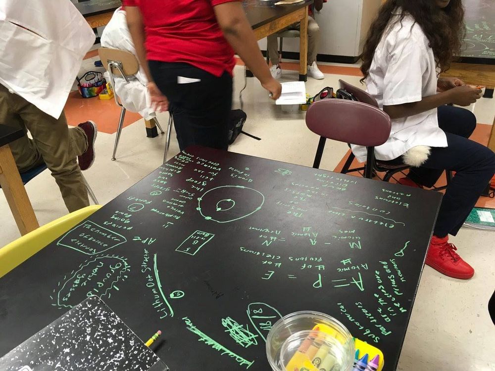 A black tabletop is covered in green writing including diagrams and formulae.