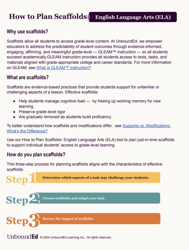 First page of instructions includes information on the purpose and use of scaffolds.