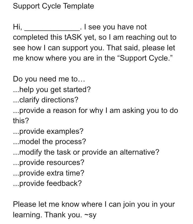 Screenshot of a letter titled "Support Cycle Template." In it, the teacher invites the student to identify reasons for not completing a task yet and offers additional support for the task.