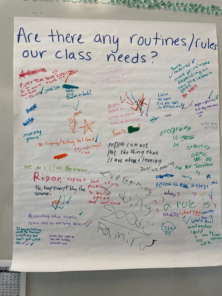 At the top of a sheet of easel paper is the question "Are there any routines/rules our class needs?" Beneath, students have written their responses.
