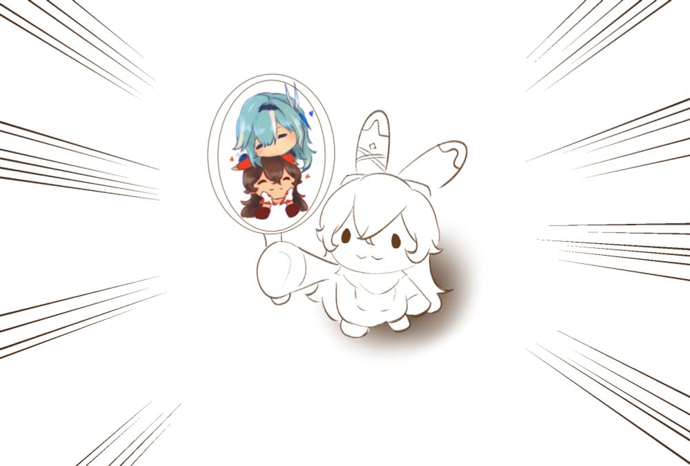 A drawing of Baron Bunny holding a picture of Eula cuddling Amber