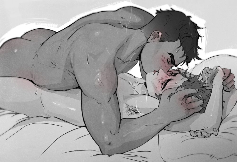 jayce and viktor making out NAKED. jayce is on top of viktor and viktor has his arms above his head 