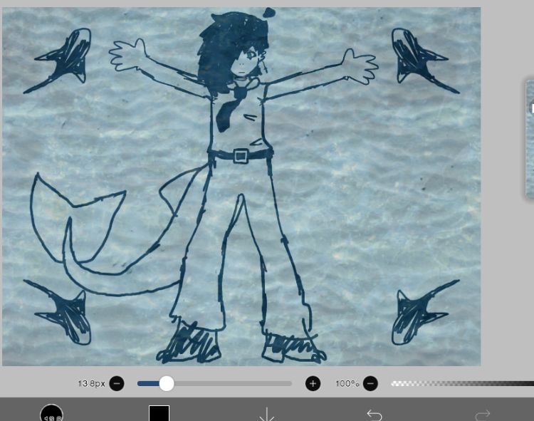 A screenshot of a sketch created in IbisPaint X showing a humanoid character with shark-like traits. He has a neutral expression on his face and has green eyes, a long shark tail with a fin at the end, fin-like ears with two piercings, being an earring with a cross at the end and an earring placed at the upper part of the ear. He wears a loose, plain sleeveless top with a black tie, wide pants, black boots with white claws, and a belt. He lies with his limbs outstretched, and his black hair is tousled, covering one eye. The background is a water texture, and four stylized shark silhouettes swim around the character in a circular pattern.