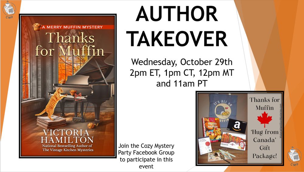 Cozy Mystery Party takeover with Victoria Hamilton for Cozy Mystery Readers graphic... check out the link!