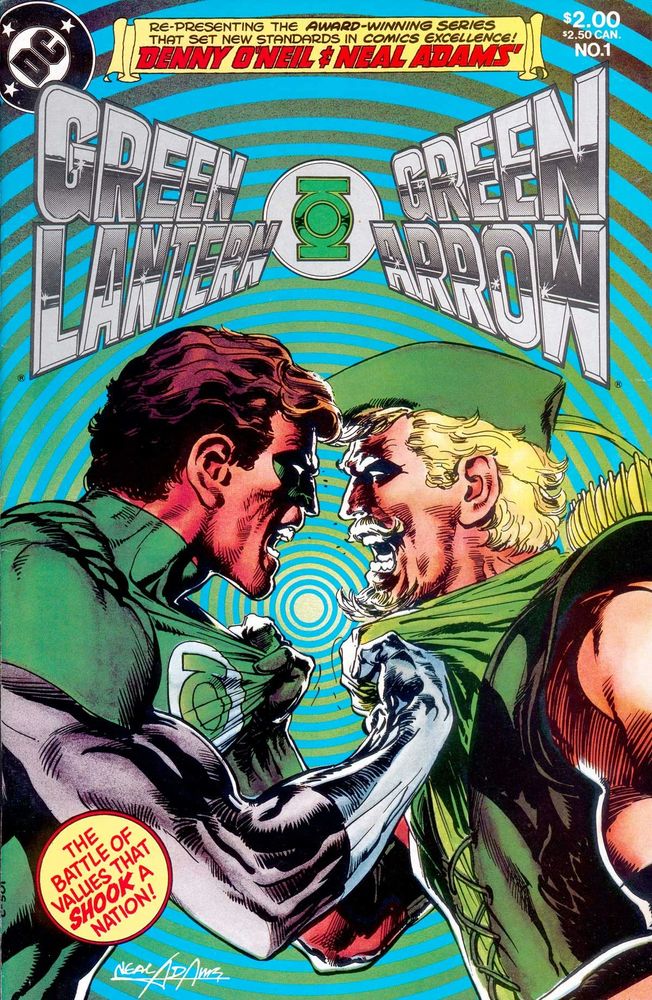 a cover for Green Lantern Green Arrow, depicting the titular superheroes grabbing at each other's costumes and yelling at each other. Green Lantern is a brunette white man wearing a green and black skintight suit emblazoned with a lantern on the chest, and Green Arrow is a blonde white man dressed in green medieval archery gear, with a feathered cap and quiver.