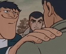 an animated still of a man putting his hand on another man's shoulder.