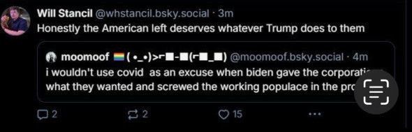 @whstancil.bsky.social, QTing Honestly the American left deserves whatever Trump does to them OP, @moomoof.bsky.social: I wouldn't use covid as an excuse when Biden gave the corporation what they wanted and screwed the working populace in the process