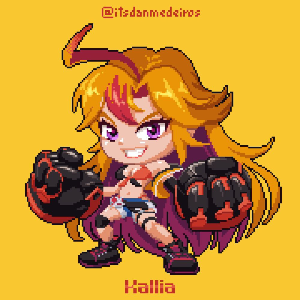 Pixel art chibi of Kallia, from Grand Chase. She wears big black and orange gauntlets, a black and orange bra with a yellow jacket, short jeans with lots of belts and black and red sneakers. She is in a show-off, fighting stance and grinning. Yellow background.