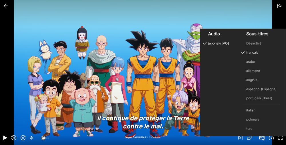 une capture d'écran de Dragon Ball Daima sur Netflix qui montre la liste des langues et sous-titres disponibles