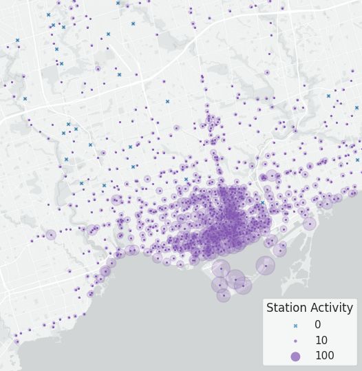 Map of stations with circle radii corresponding to number of trips yesterday