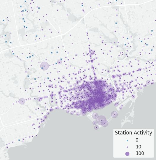Map of stations with circle radii corresponding to number of trips yesterday