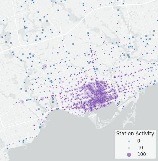 Map of stations with circle radii corresponding to number of trips yesterday