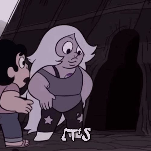 An animated .gif of Amethyst from Steven Universe. Amethyst exclaims to Steven, standing beside her, "It's my hole! It's me sized!" As she says "size" she stands with her back to the wall, arms down, staring forward and glides backwards into the cavity—a perfect fit. Steven looks inside, surprised, at the discovery. And blinks. 