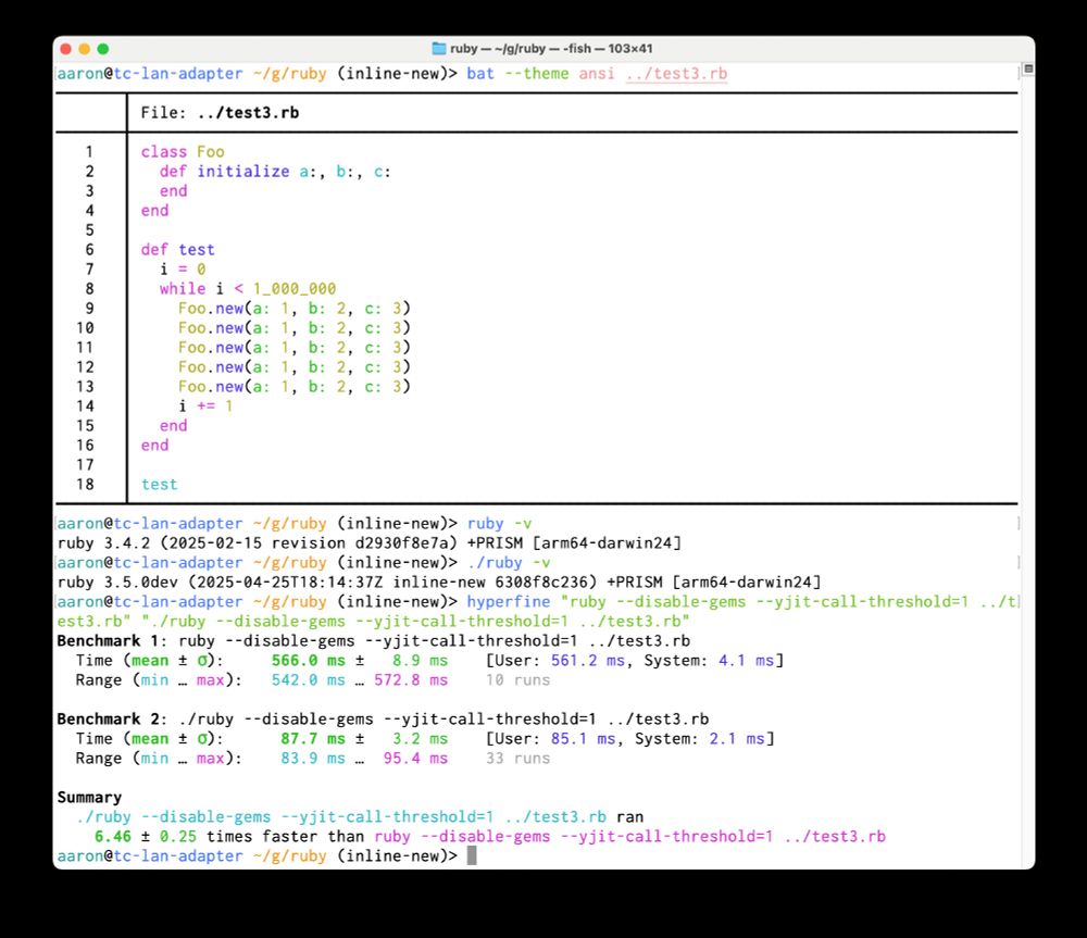 Screenshot of a terminal that demonstrates 6x faster object allocation