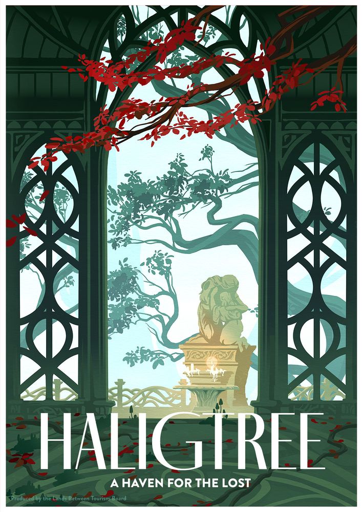 An art deco travel poster for the haligtree. Through a door we can see a statue of the young Melania and Miquella 