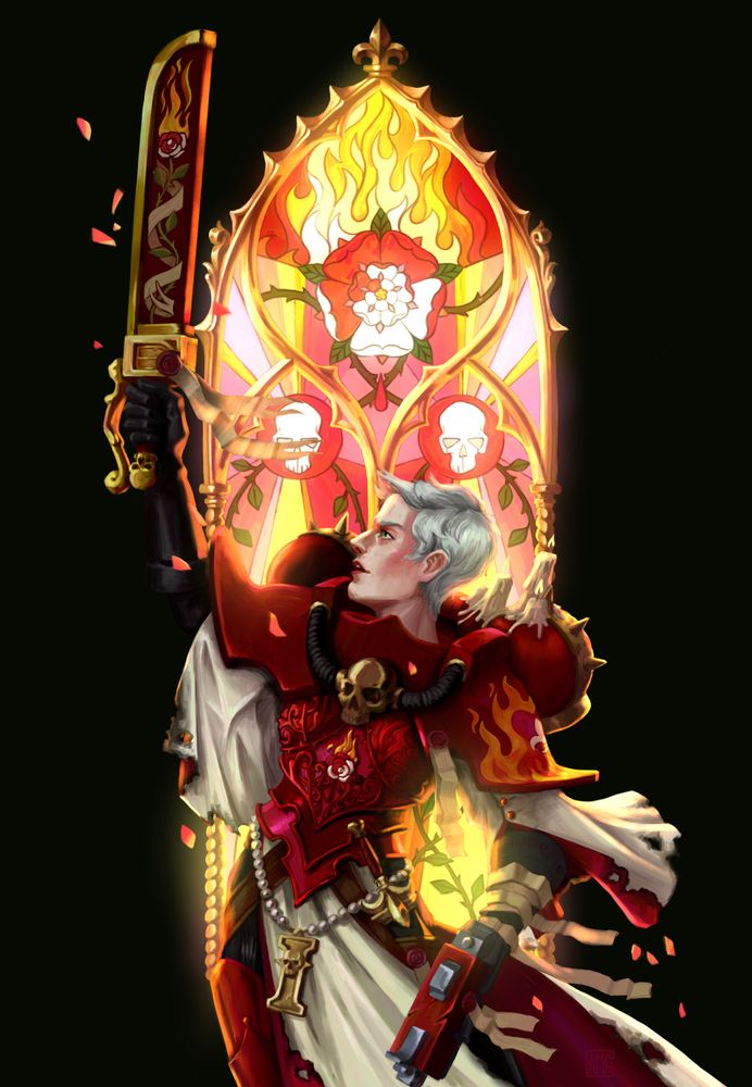 digital painting of a lady in red armour holding a chainsword and a boltgun.  She's standing in front of a glowy stained glass window looking up at the sword and little rose petals fall around her. 