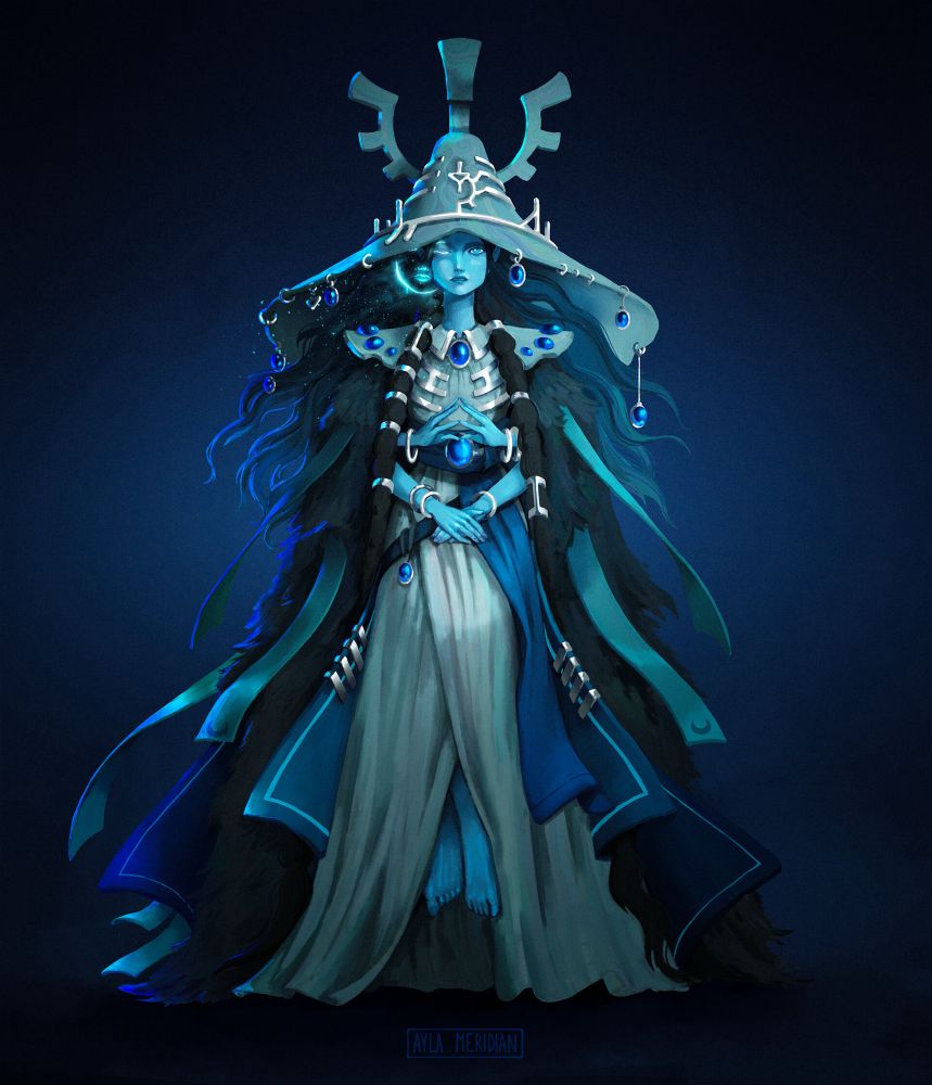 A blue four armed woman with a massive hat and a second spectral face 