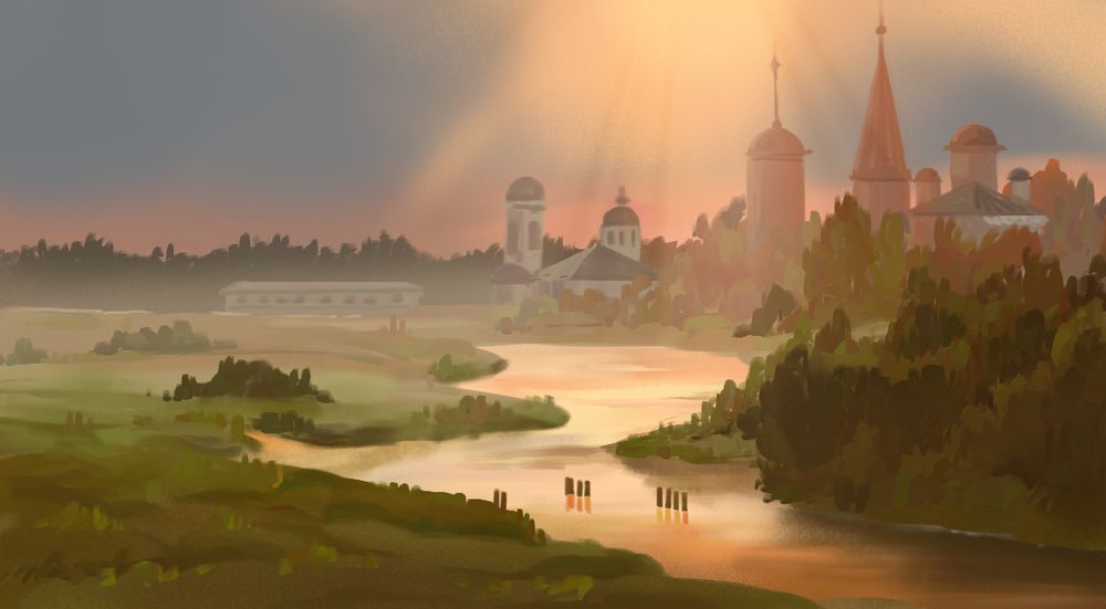 study of a European medieval town with golden lighting. by a river