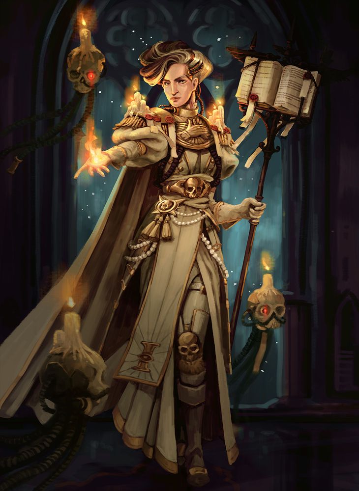 a rogue trader with a 1800s inspired outfit and hair.  she's a psyker, holding a staff and currently conjuring some flame in her hand.  she's dressed in white or bone coloured clothing and has gold embelishments and lots of skull ornamentation.  three servo-skulls hover around her