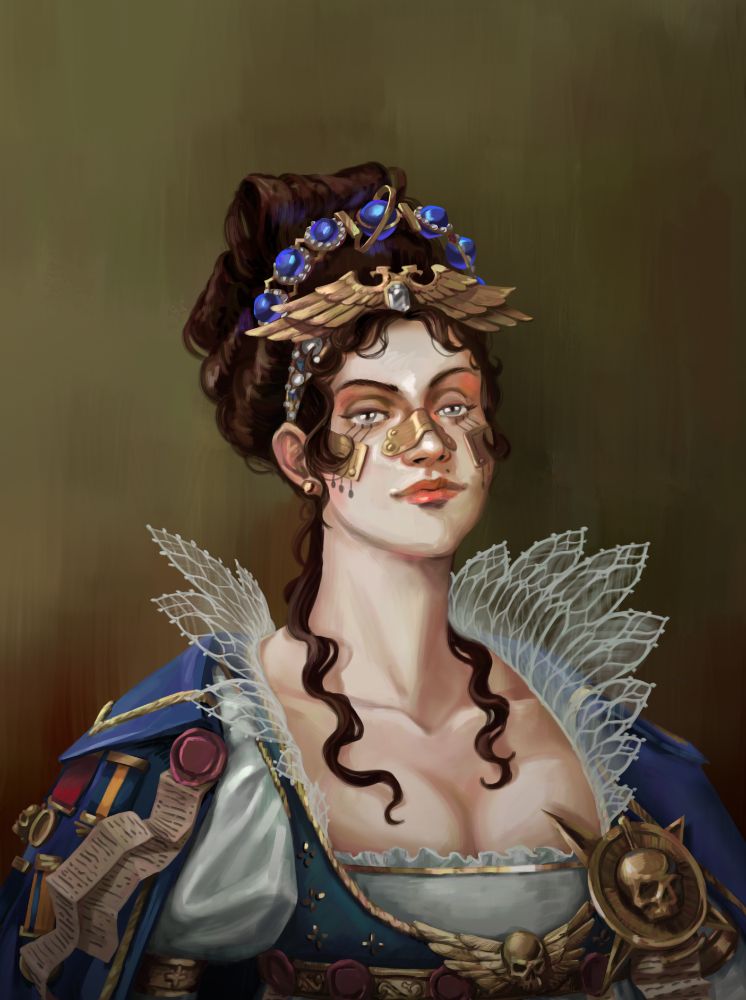 In blues and golds, a painting of a fancy napoleonic era inspired rogue trader. She has a rather epic series of tiaras featuring the imperial aquilla and some blue gems. her collar is made of starched lace with a gothic window pattern.  