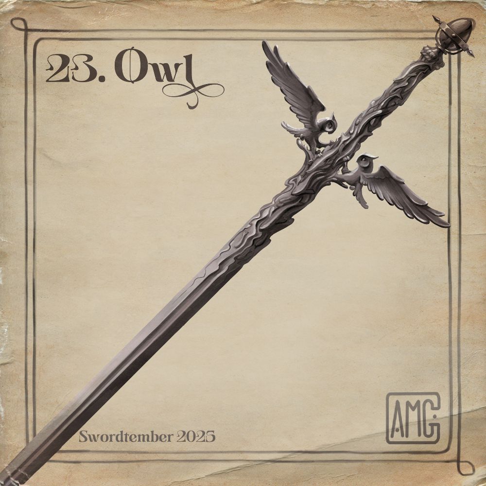 Owl - a steel sword.  the handle is carved to look like fish swimming through water and this carving blends into the blade with the water becoming the fuller.  The guard is fashioned to look like two mirrored owls each catching one of the fish. The pommel is shaped like an egg