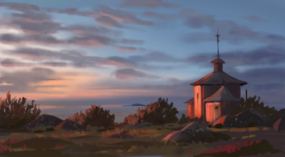 study of a church overlooking the sea at sunrise 