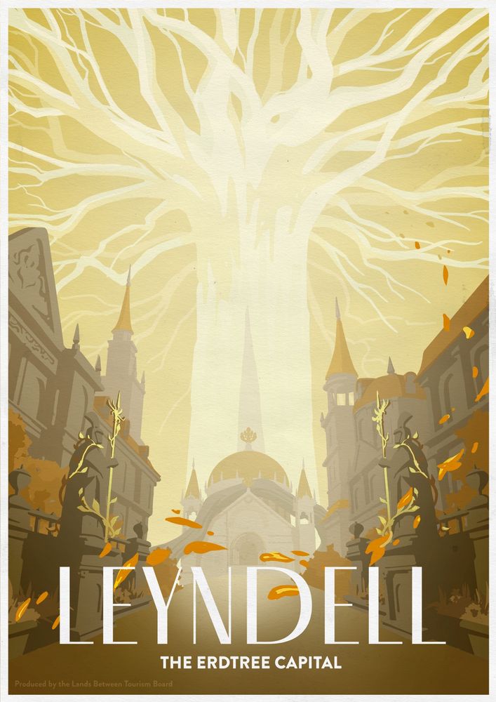 An art deco style travel poster of leyndell from Elden ring. It's super yellow, with yellow leaves blowing in the wind. We can see the massive erdtree in the distance. 